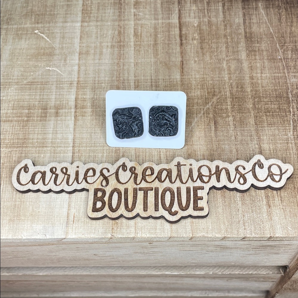 CarriesCreationsCo Black Embossed Square Stud Earrings